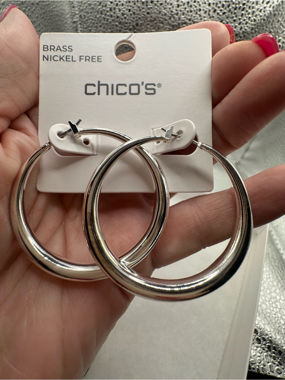NWT Chico’s Cassie Silver Hoop Earrings - Nickel Free Pink Accent MSRP $29.50